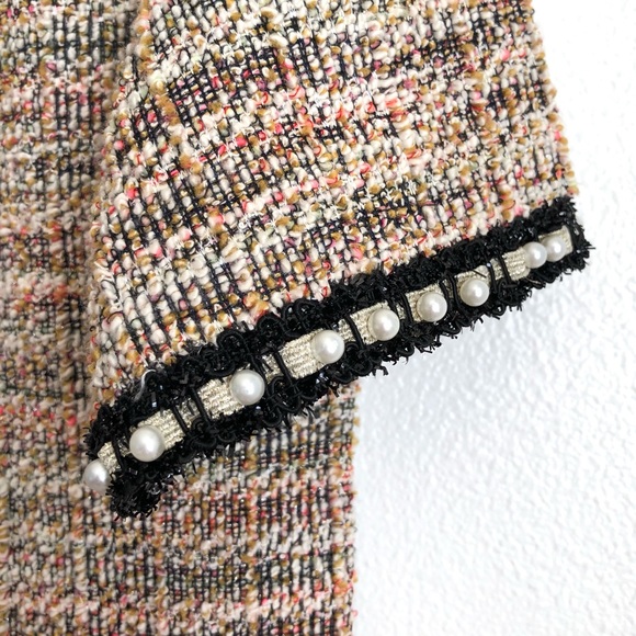 ZARA Boucle Tweed Pearl Trim Top | Tan, White, Pink | Size M/L - Picture 4 of 12